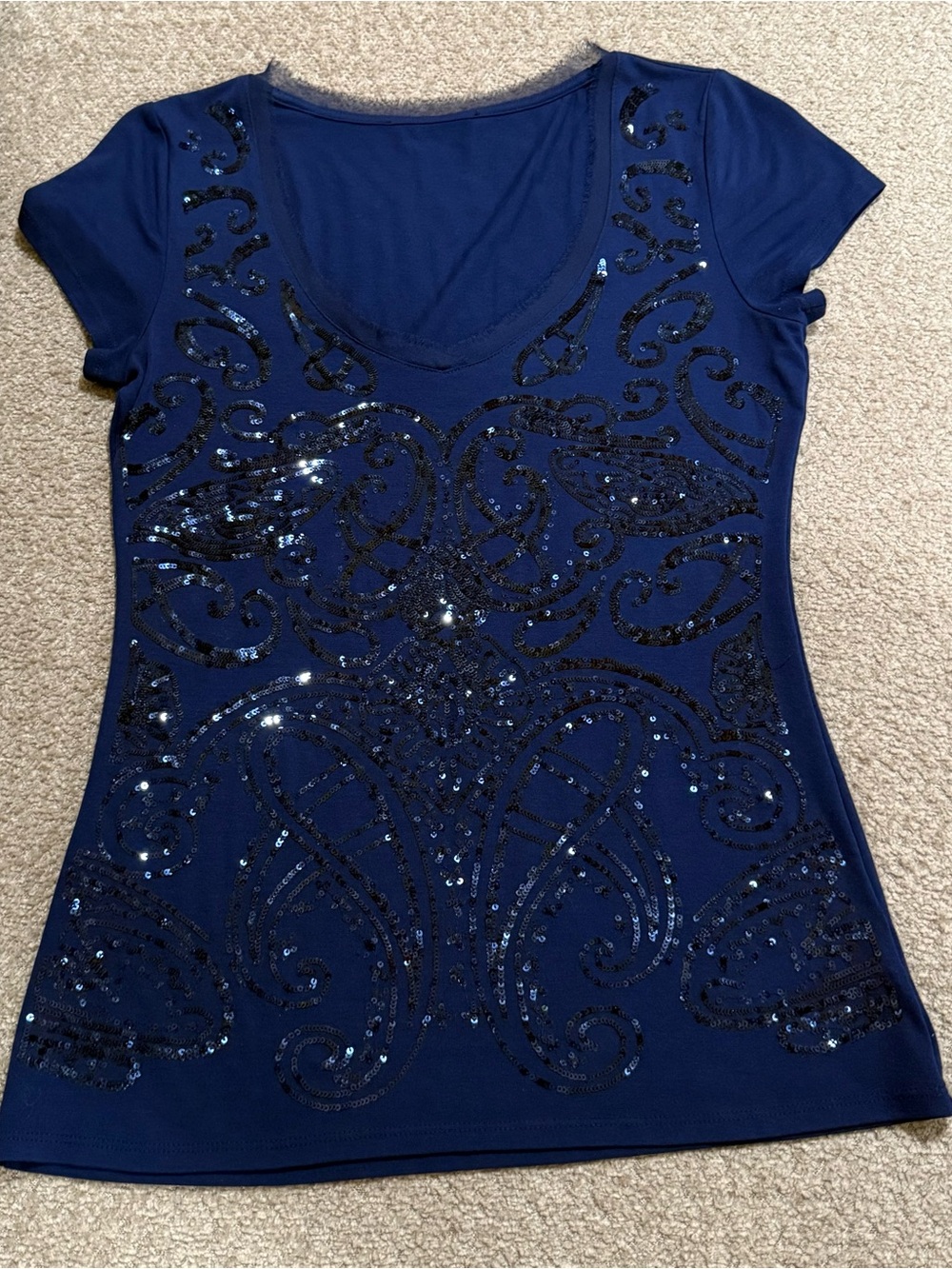 Cache Navy Sequin Scoop Neck Top